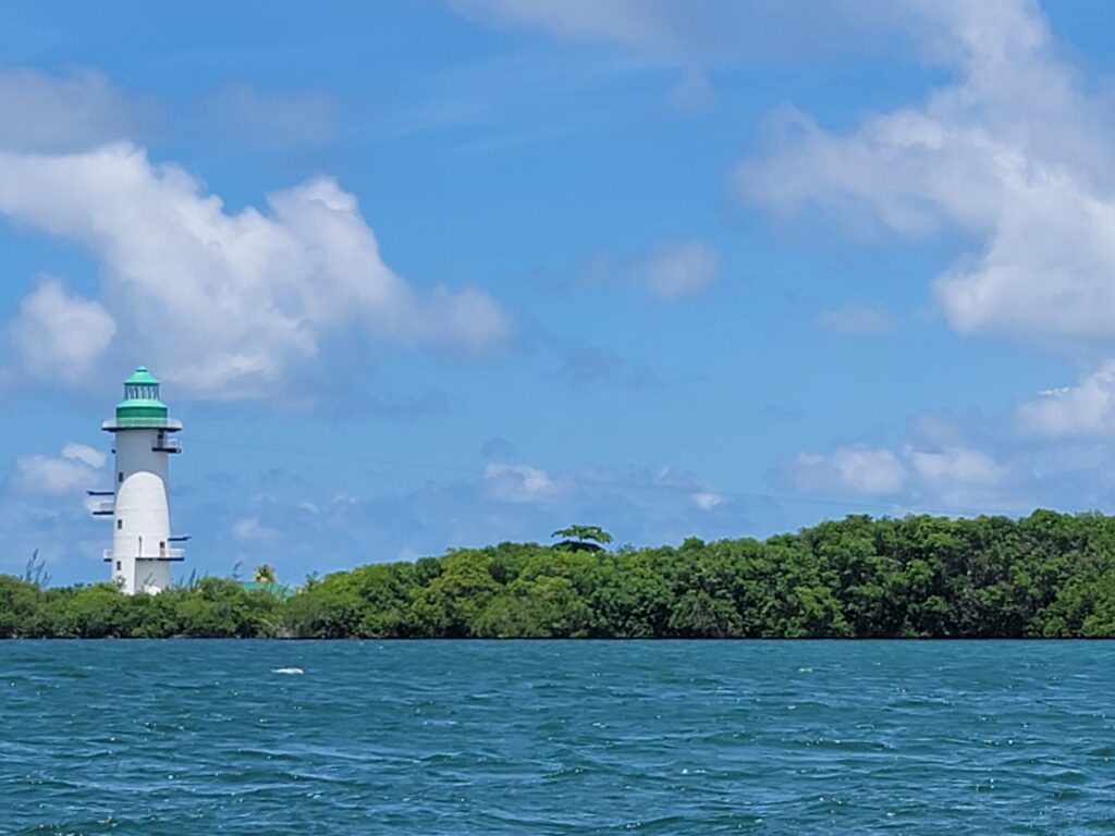 A zip line attraction that looks like a lighthouse.