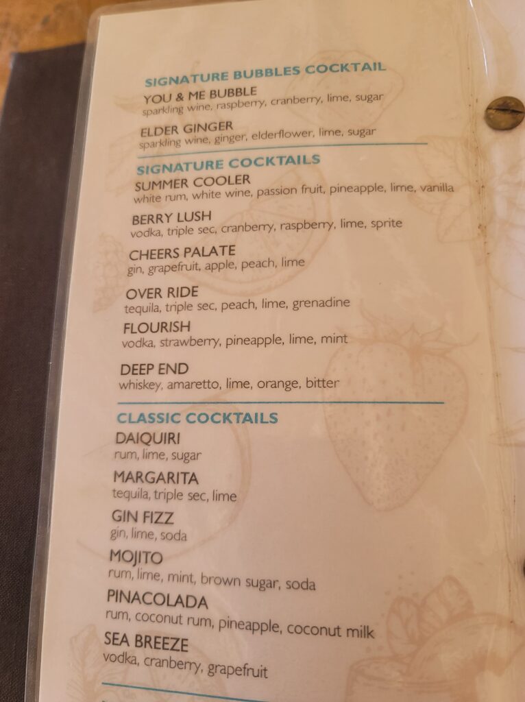 An except from the drinks menu.